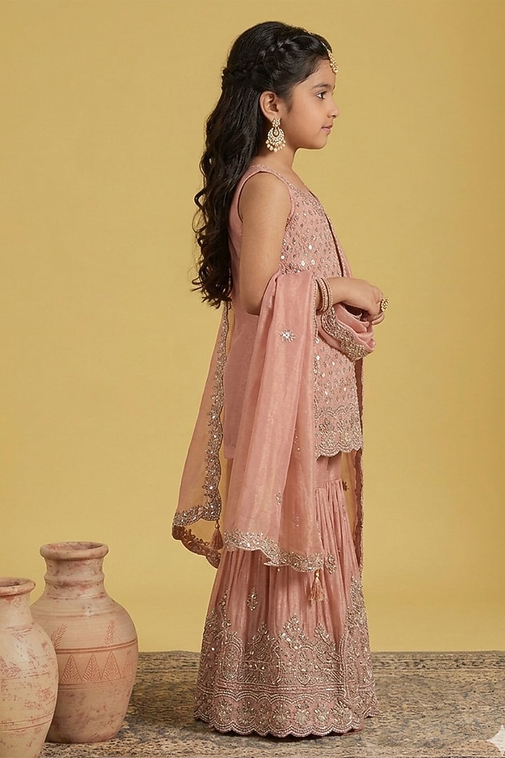 Mustard Tissue Sequins Embellished Gharara Set For Girls by MeenaGuranam Kids at Pernia's Pop Up Shop