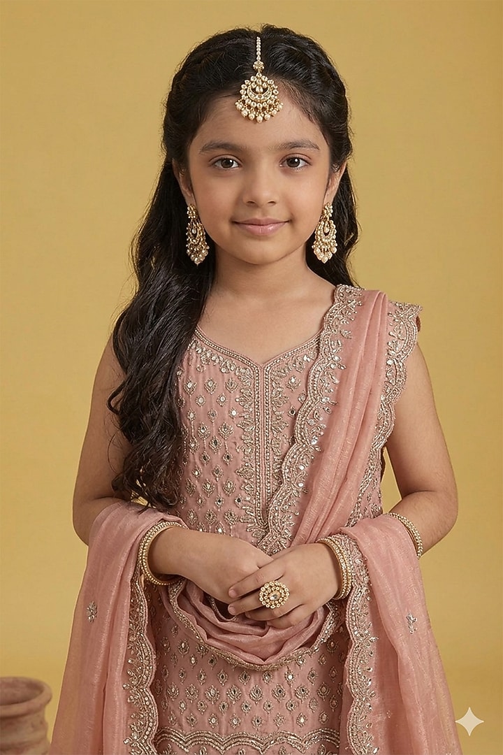 Mustard Tissue Sequins Embellished Gharara Set For Girls by MeenaGuranam Kids at Pernia's Pop Up Shop