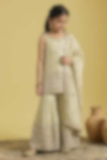 Beige Tissue Embroidered Gharara Set For Girls by MeenaGuranam Kids at Pernia's Pop Up Shop
