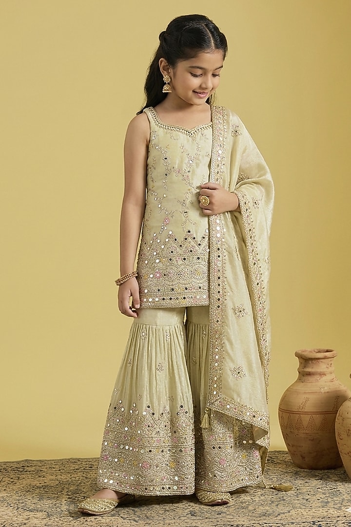 Beige Tissue Embroidered Gharara Set For Girls by MeenaGuranam Kids at Pernia's Pop Up Shop