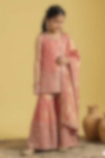 Carrot-Colored Tissue Embroidered Gharara Set For Girls by MeenaGuranam Kids at Pernia's Pop Up Shop