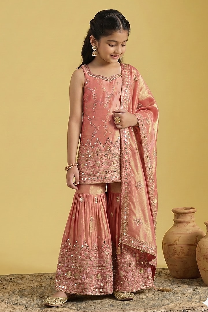 Carrot-Colored Tissue Embroidered Gharara Set For Girls by MeenaGuranam Kids at Pernia's Pop Up Shop