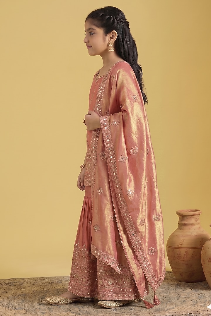 Carrot-Colored Tissue Embroidered Gharara Set For Girls by MeenaGuranam Kids at Pernia's Pop Up Shop