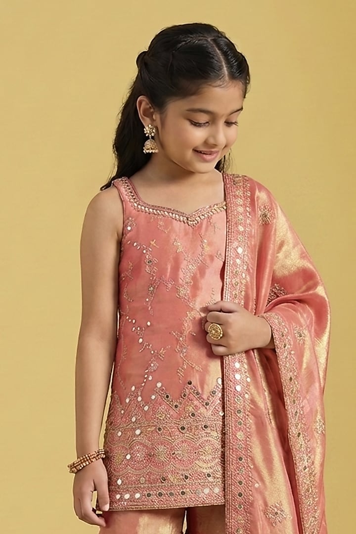 Carrot-Colored Tissue Embroidered Gharara Set For Girls by MeenaGuranam Kids at Pernia's Pop Up Shop
