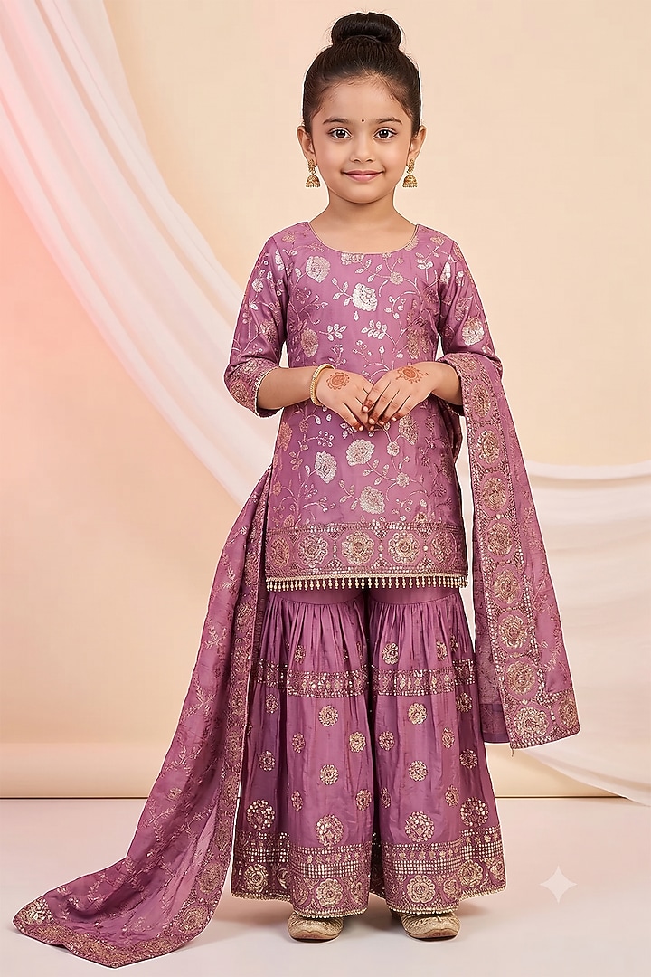 Onion Pink Chinon Chiffon Sharara Set For Girls by MeenaGurnam Kids at Pernia's Pop Up Shop