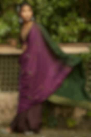 Purple & Dark Green Dyed and Embroidered Saree Set by Medha