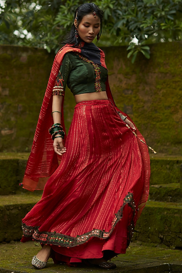 Bright Red & Dark Orange Hand Embroidered Lehenga Set by Medha