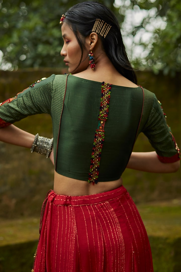 Bright Red & Dark Orange Hand Embroidered Wedding Lehenga Set by Medha at Pernia's Pop Up Shop