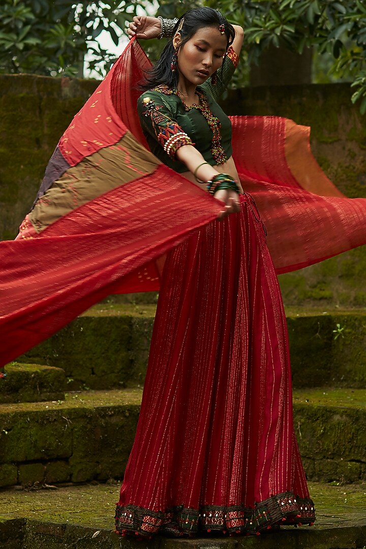 Bright Red & Dark Orange Hand Embroidered Wedding Lehenga Set by Medha at Pernia's Pop Up Shop