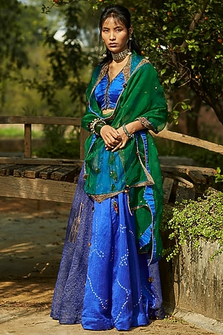 Bright Blue Embroidered Lehenga Set by Medha