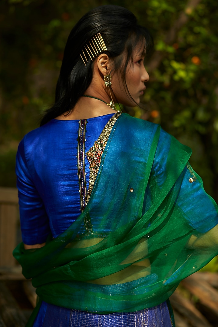 Bright Blue Embroidered Wedding Lehenga Set by Medha at Pernia's Pop Up Shop
