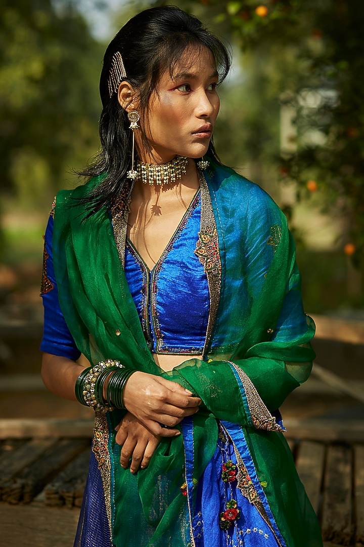 Bright Blue Embroidered Wedding Lehenga Set by Medha at Pernia's Pop Up Shop
