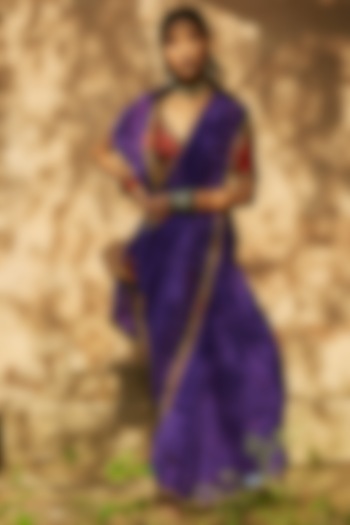 Purple Printed & Embroidered Bandhani Saree Set by Medha