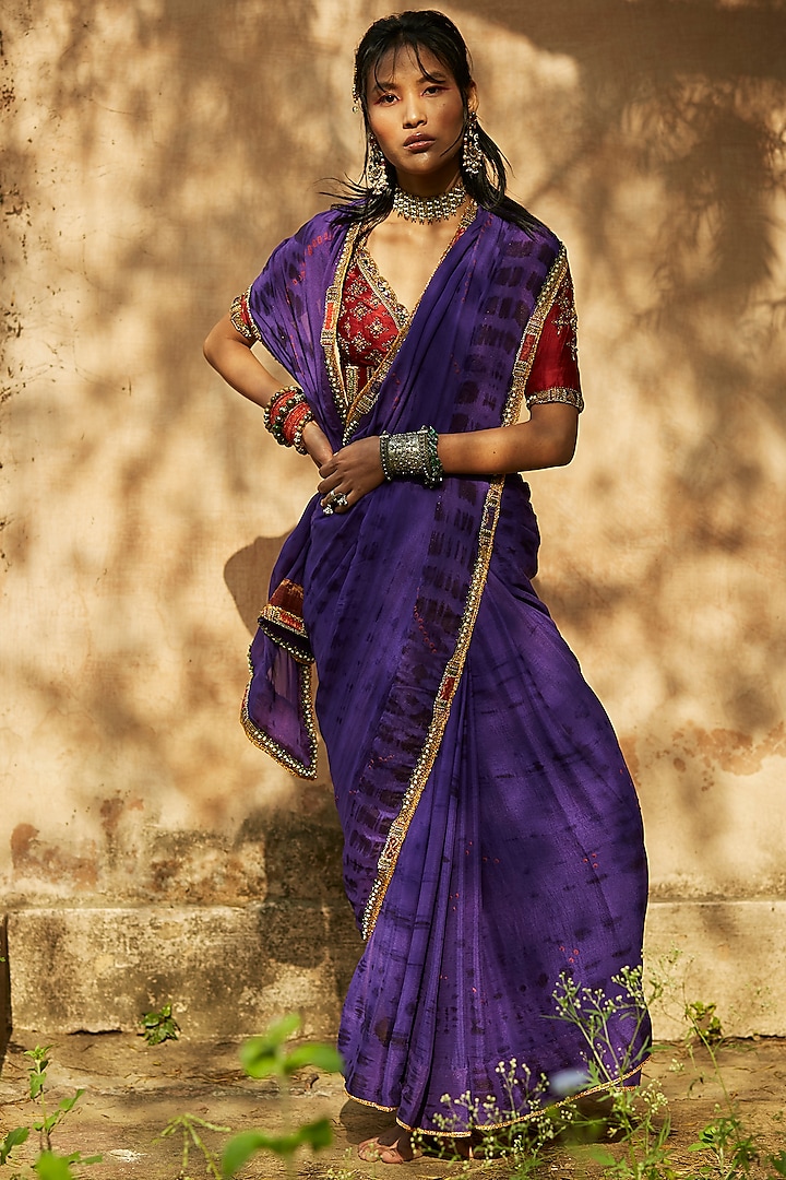 Purple Printed & Embroidered Bandhani Saree Set by Medha