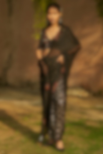 Black Textured Chiffon & Textured Georgette Wedding Saree Set by Medha at Pernia's Pop Up Shop