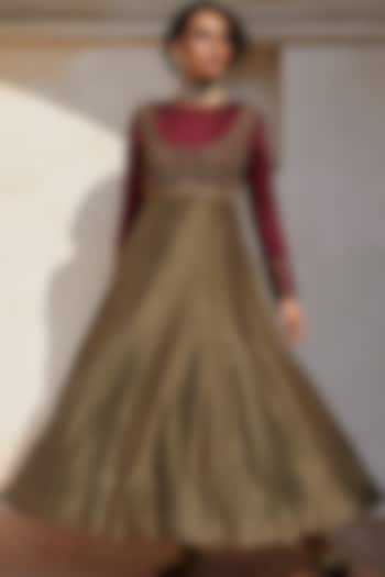 Maroon & Olive Green Embroidered Anarkali Set by Medha at Pernia's Pop Up Shop