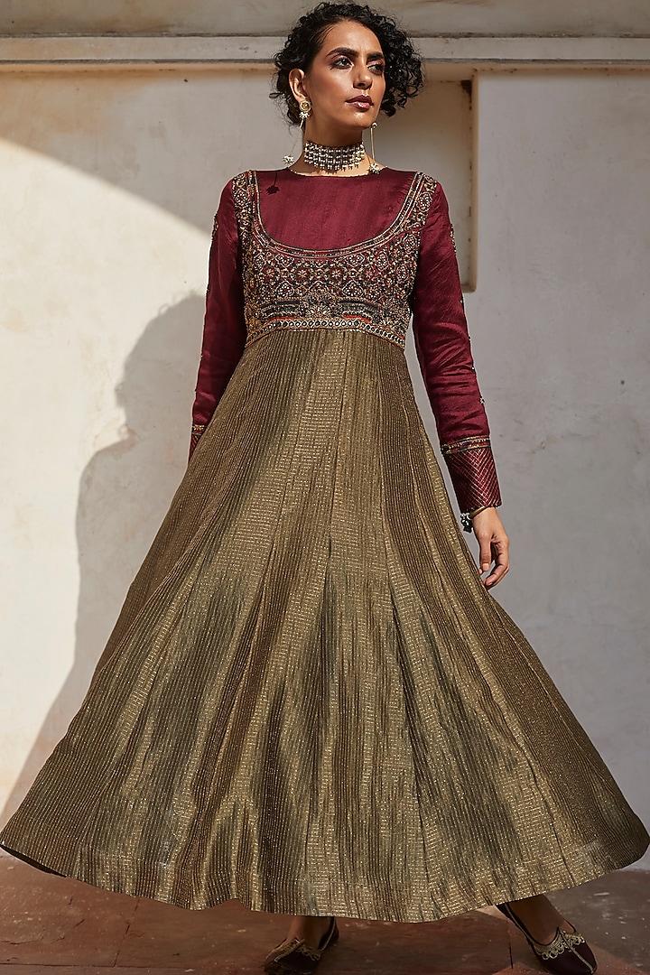 Maroon & Olive Green Embroidered Anarkali Set by Medha at Pernia's Pop Up Shop