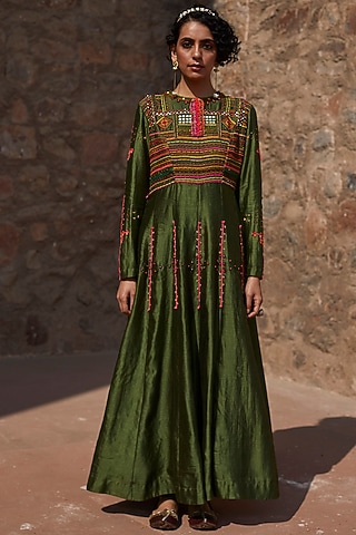 Green Hand Embroidered Anarkali Set by Medha