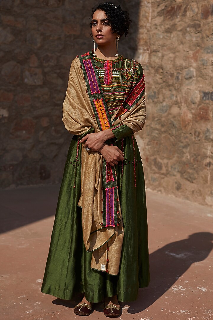 Green Hand Embroidered Bridal Anarkali Set by Medha at Pernia's Pop Up Shop