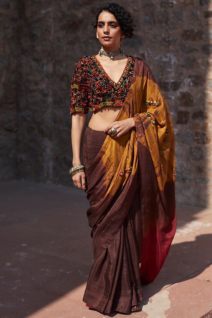 Brown & Mustard Embroidered Saree Set by Medha