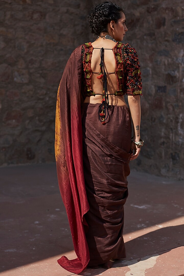 Brown & Mustard Embroidered Wedding Saree Set by Medha at Pernia's Pop Up Shop