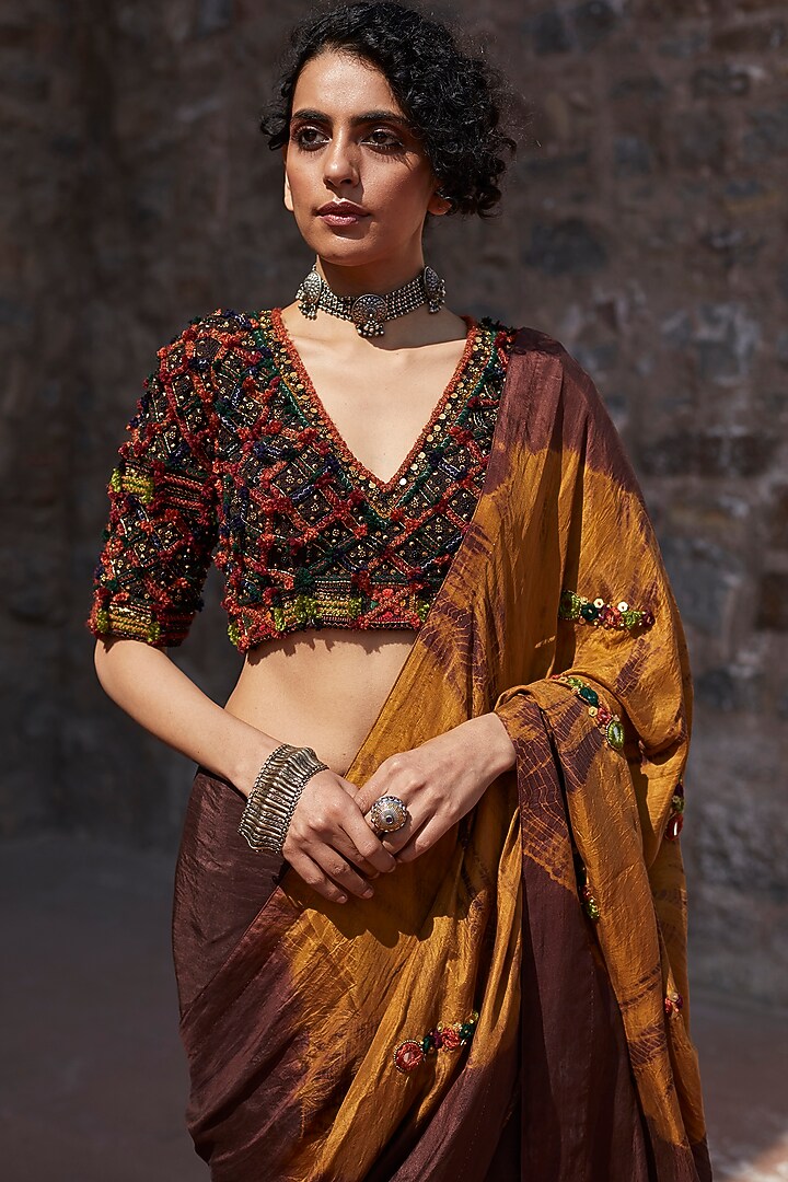 Brown & Mustard Embroidered Wedding Saree Set by Medha at Pernia's Pop Up Shop