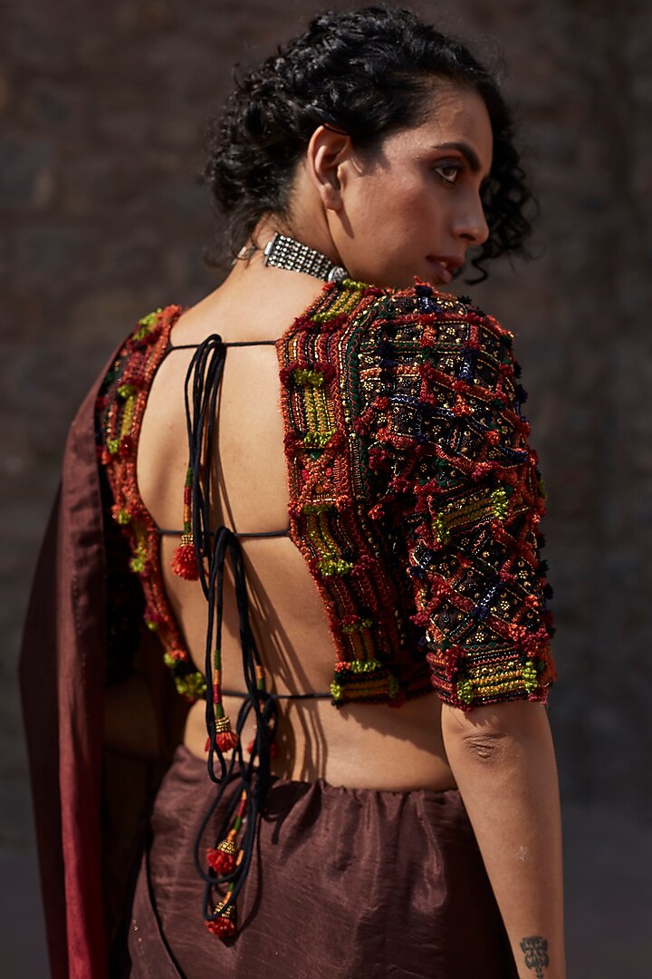 Brown & Mustard Embroidered Wedding Saree Set by Medha at Pernia's Pop Up Shop