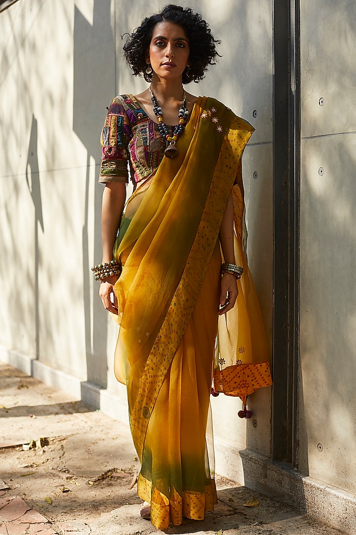 Yellow & Green Hand Embroidered Ombre Saree Set by Medha