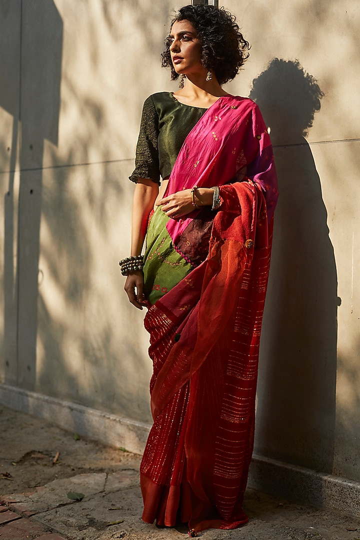 Multi Colored Embroidered Saree Set by Medha