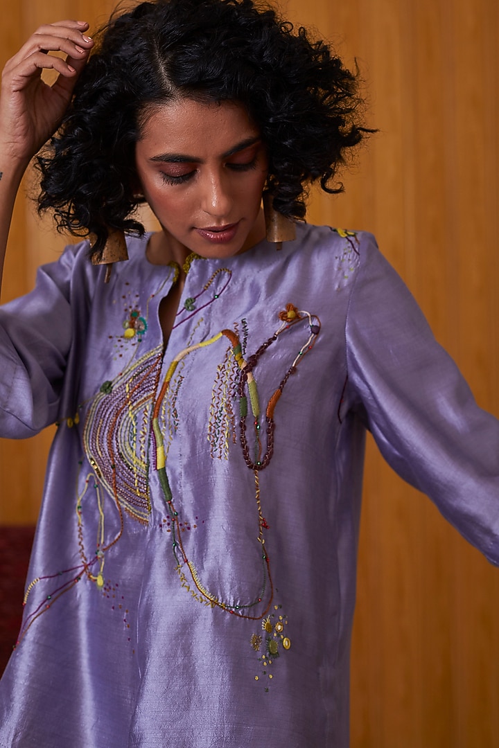 Light Blue & Beige Hand Embroidered Wrap Skirt Set by Medha at Pernia's Pop Up Shop