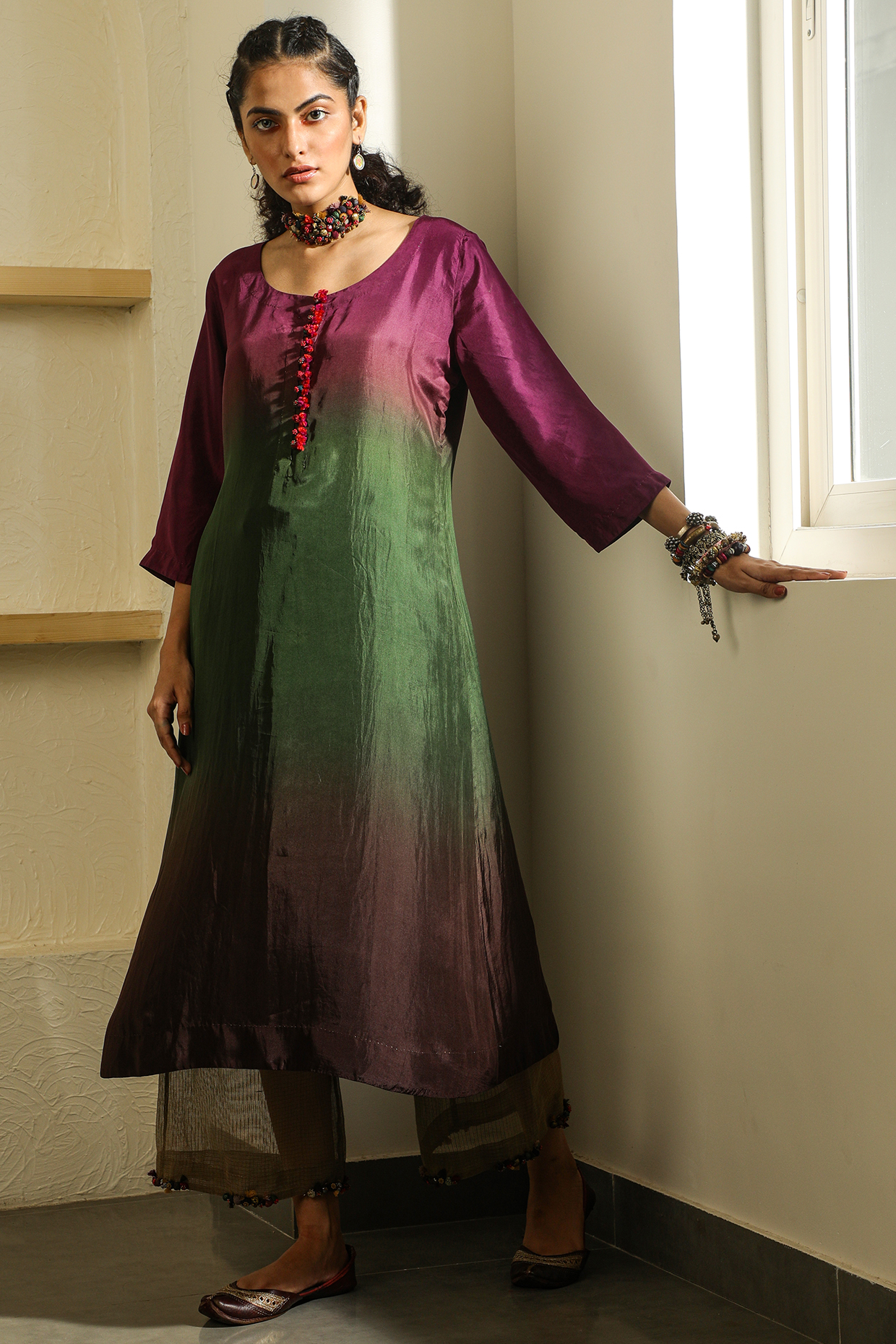 Purple & Green Kurta With Handmade Potli Buttons by Medha