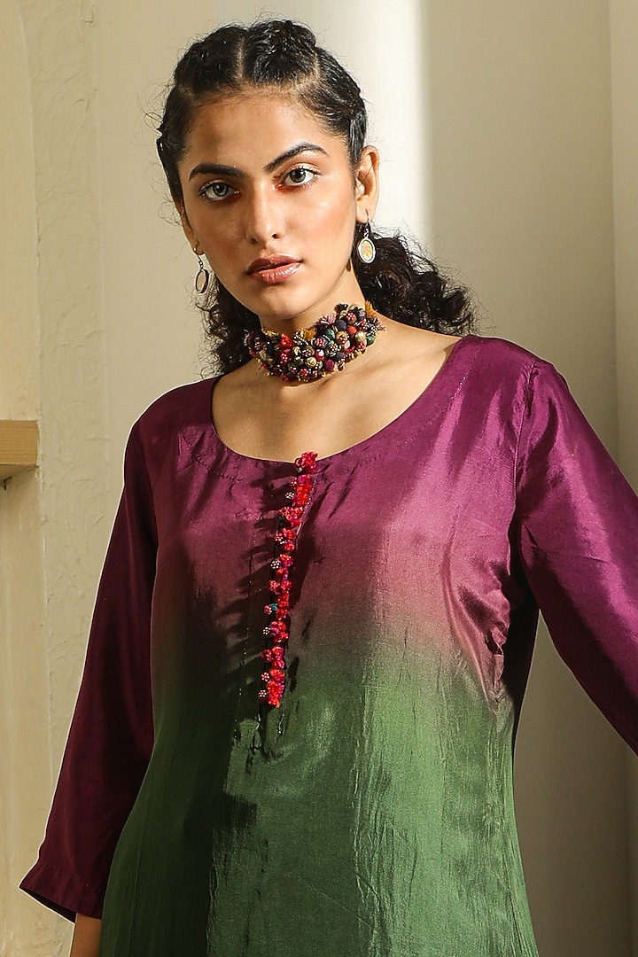 Purple & Green Kurta With Handmade Potli Buttons by Medha at Pernia's Pop Up Shop