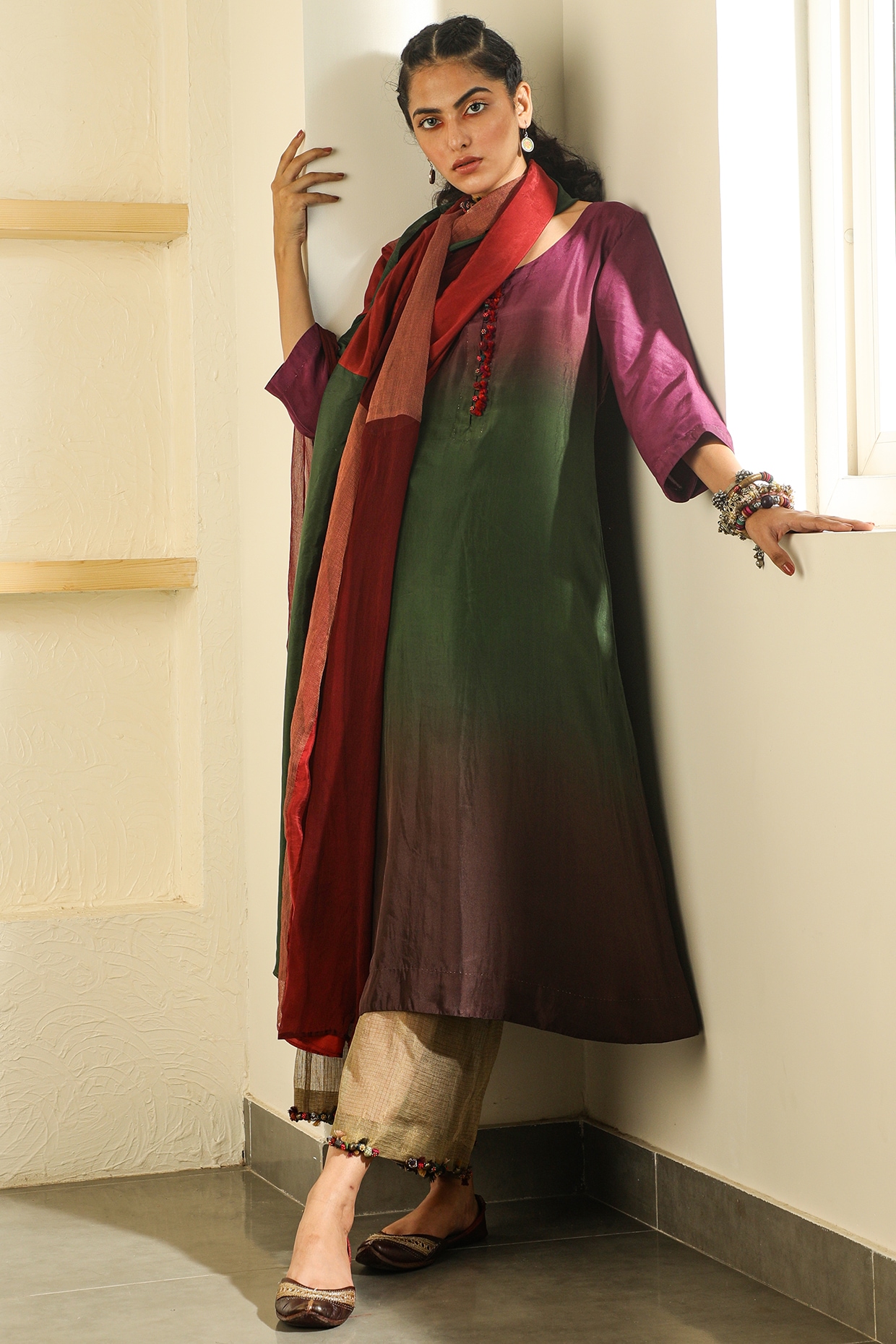 Red Dupatta with Mirror Details