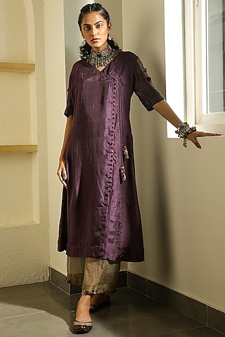Dark Purple Pure Silk Kurta by Medha