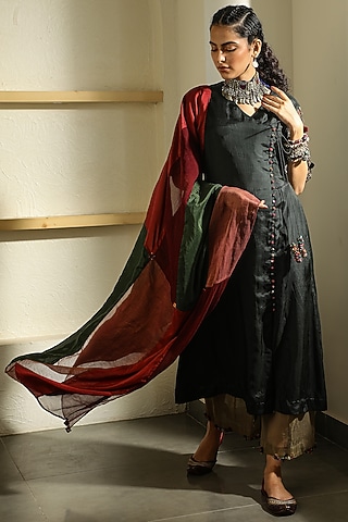 Black Pure Silk Kurta  by Medha