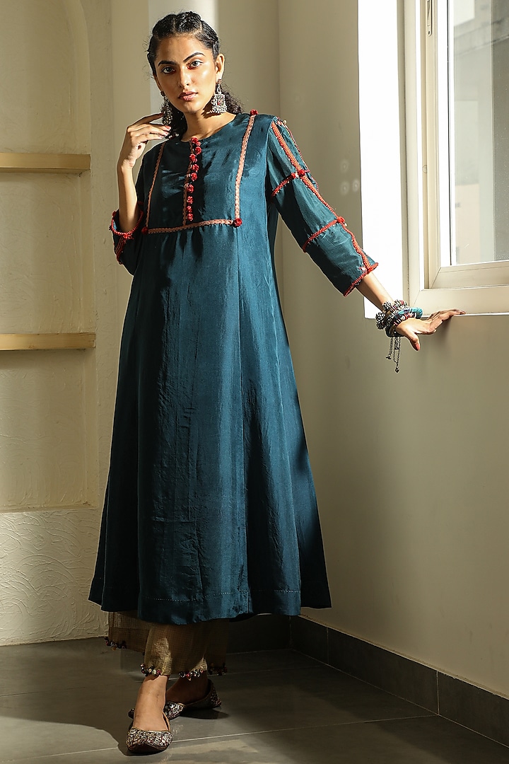 Teal Mirror Hand Embroidered Kurta by Medha