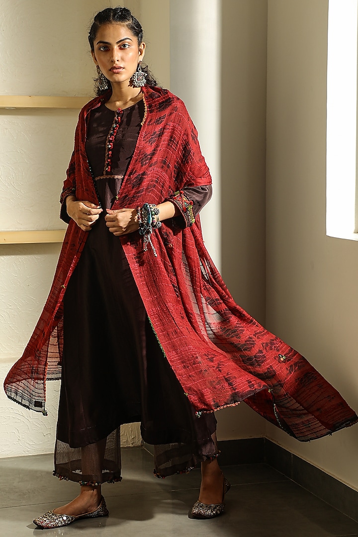 Brown Hand Embroidered Kurta by Medha