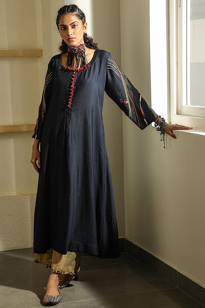 Blue Hand Embroidered Kurta by Medha
