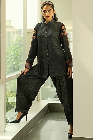 Black Hand Embroidered Short Jacket by Medha