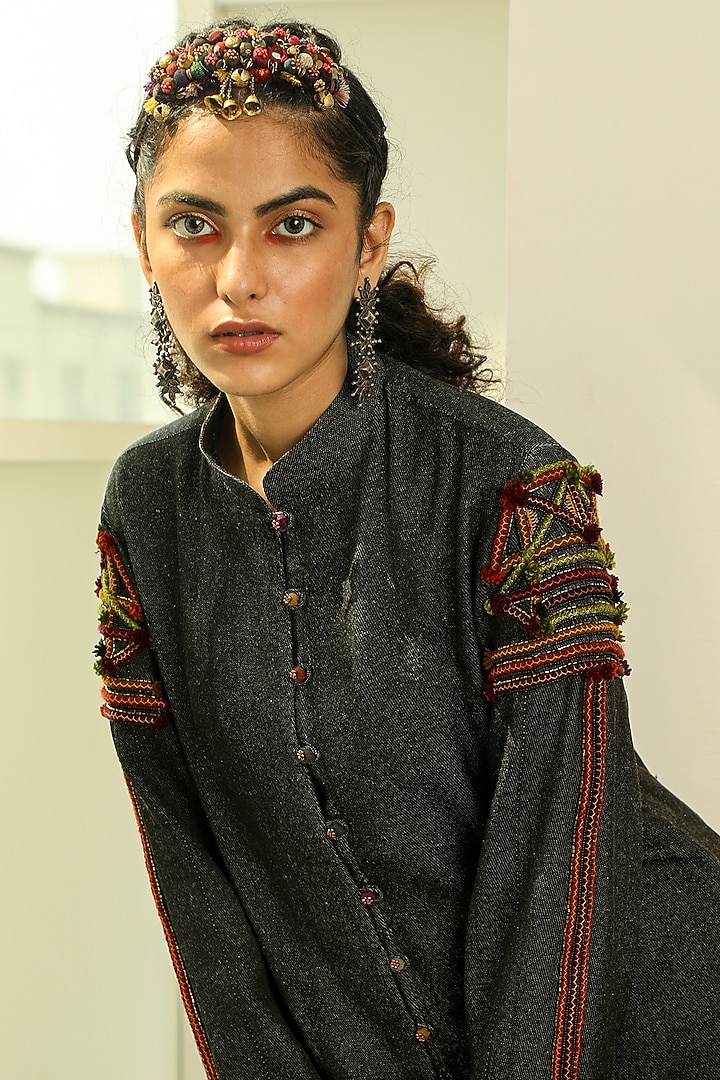 Black Hand Embroidered Short Jacket by Medha at Pernia's Pop Up Shop