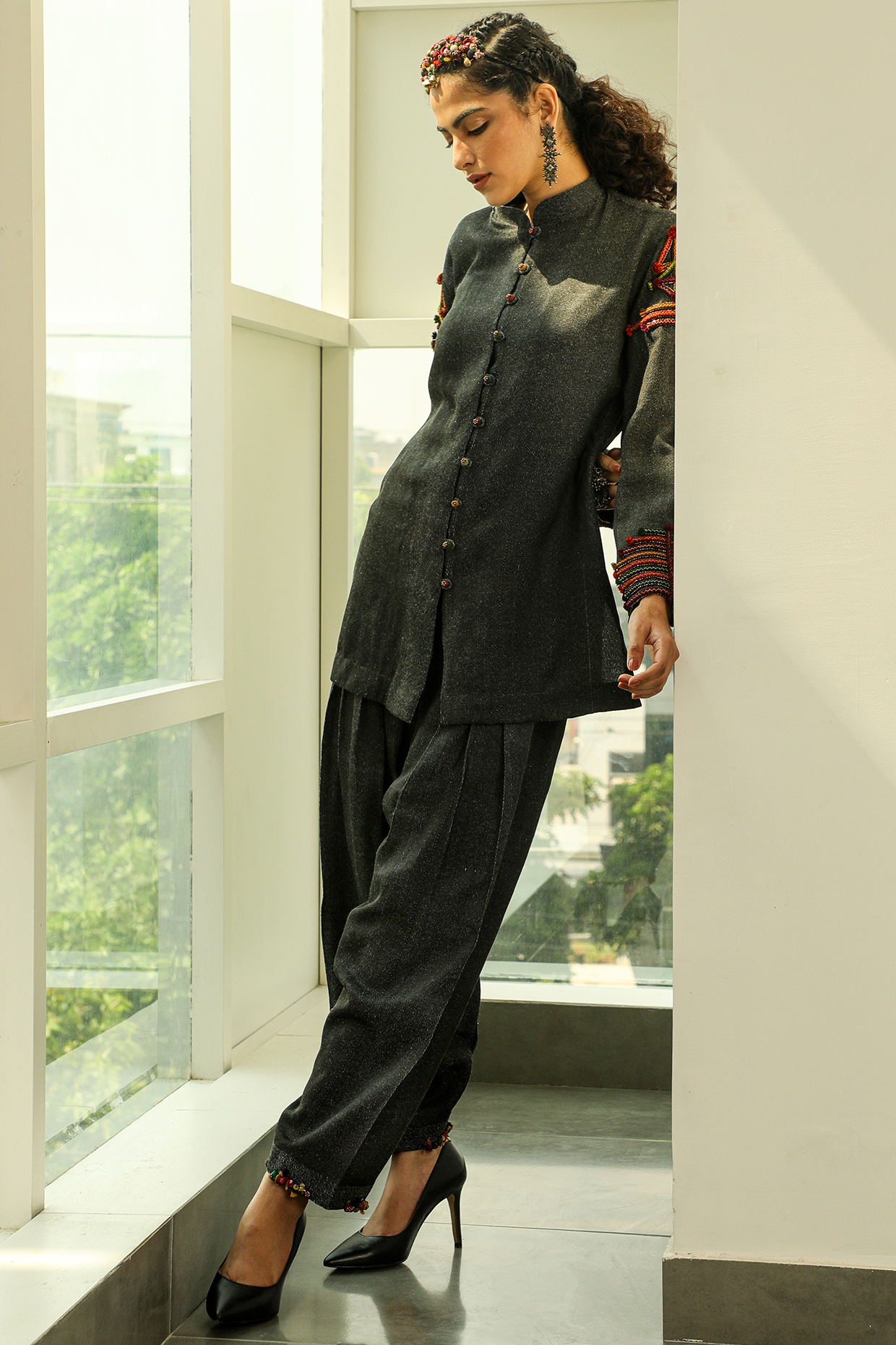 Black Denim Blended Salwar Pants by Medha