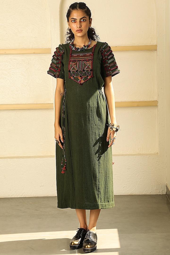 Deep Green Hand Embroidered Dress by Medha