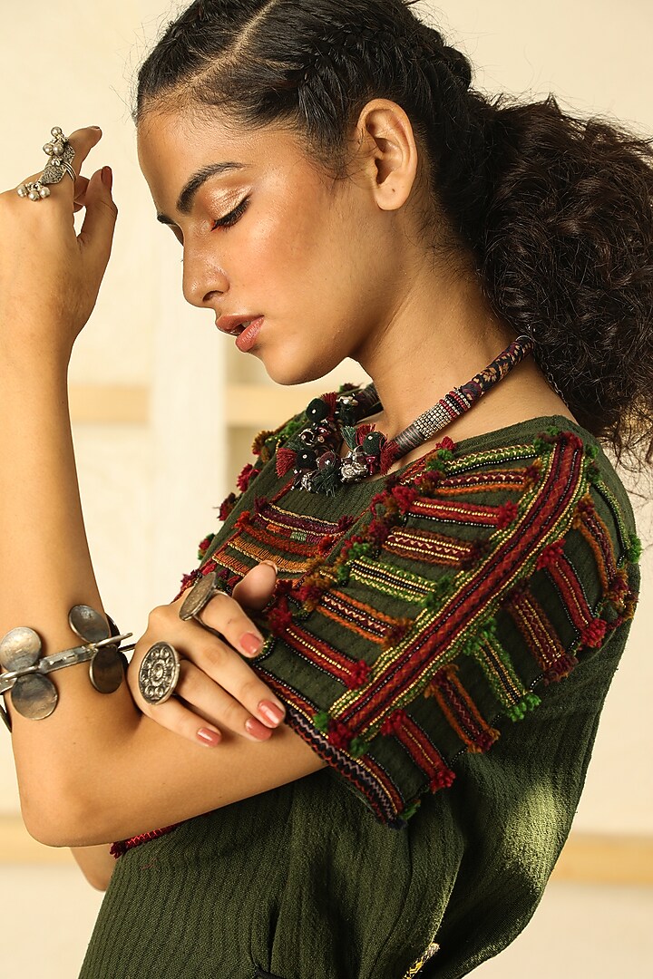 Deep Green Hand Embroidered Vacation Dress by Medha at Pernia's Pop Up Shop
