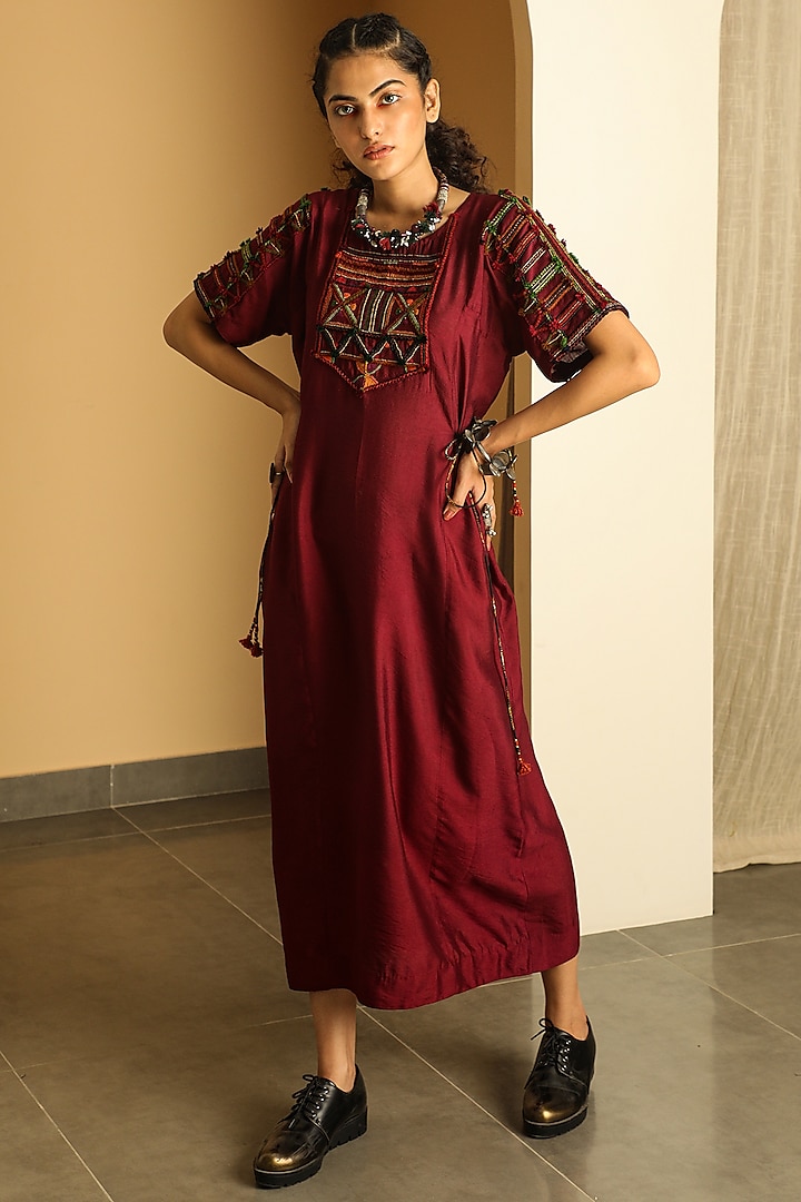 Plum Hand Embroidered Dress by Medha