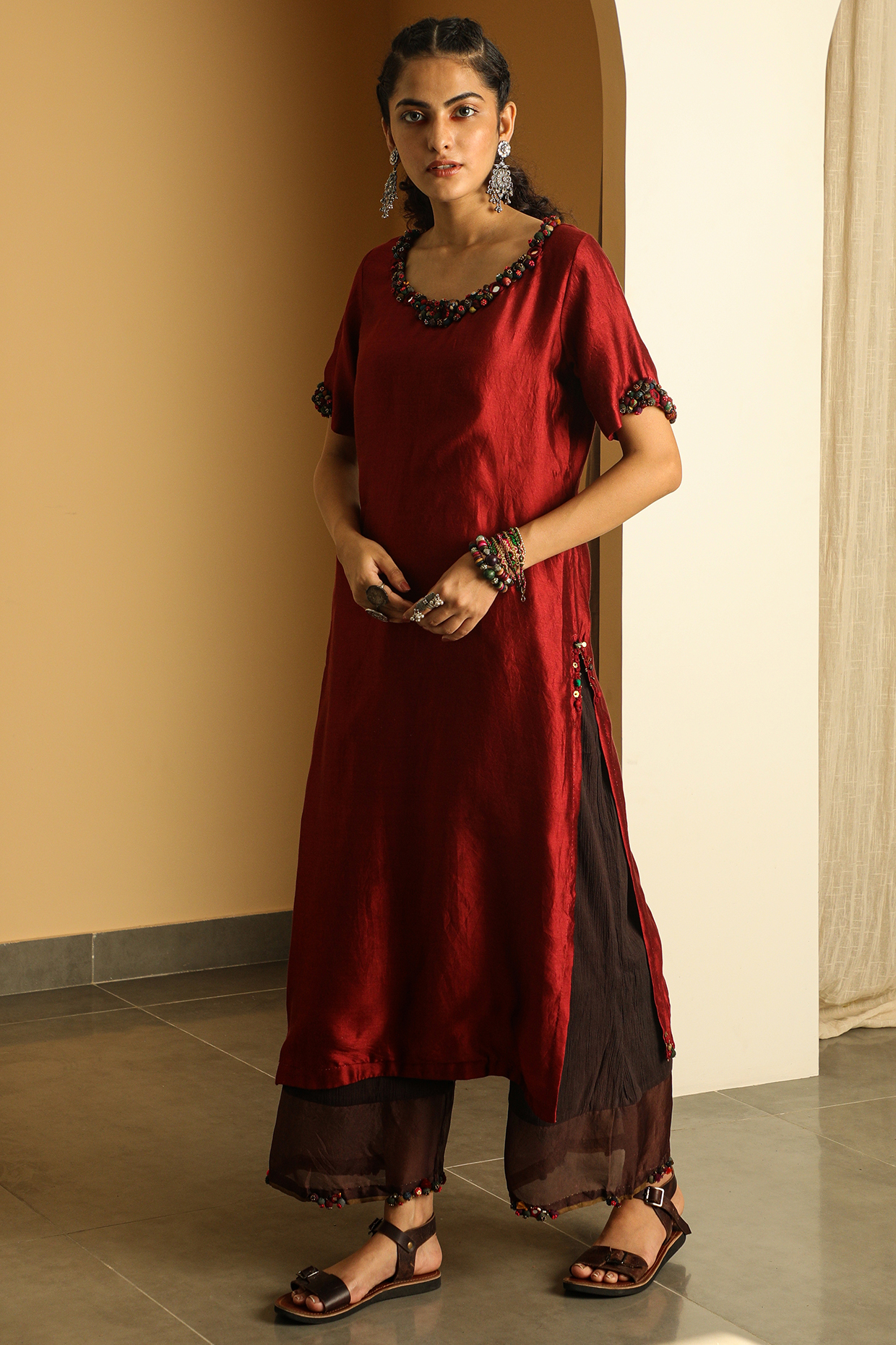 Red Handwoven Chiniya Silk Kurta by Medha