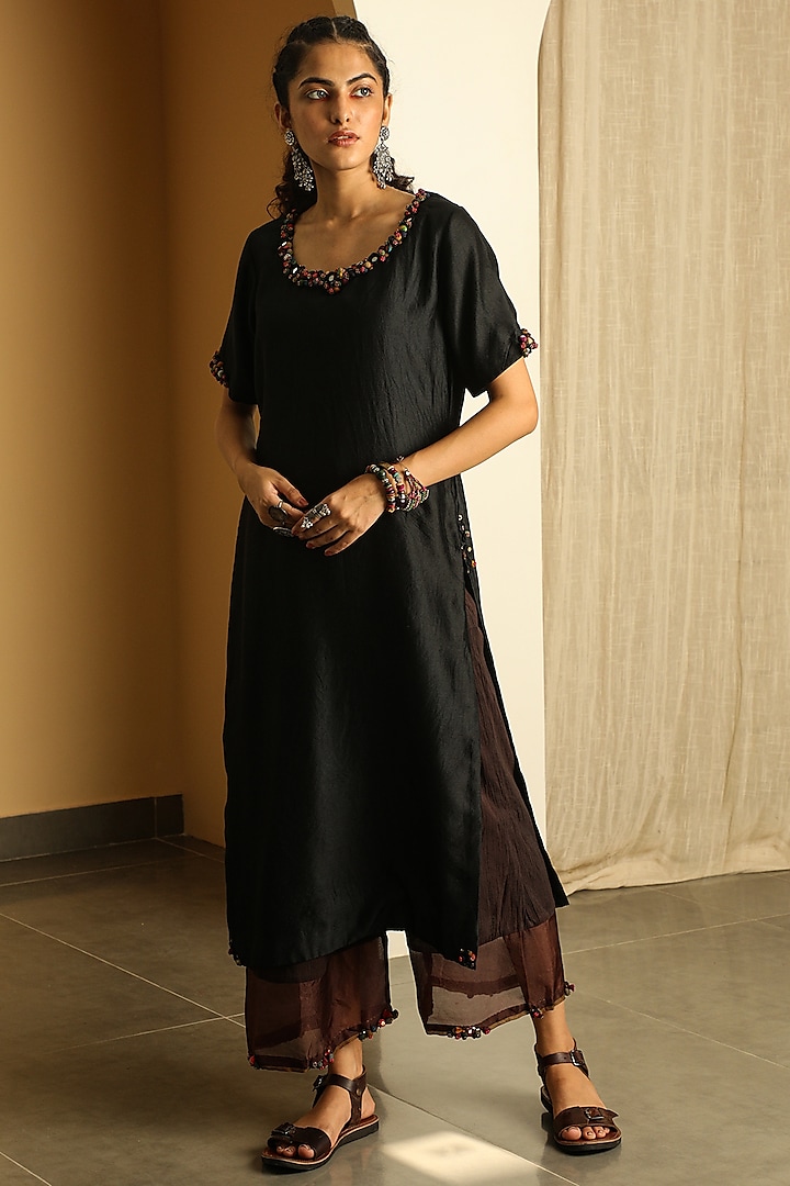 Black Handwoven Chiniya Silk Kurta by Medha