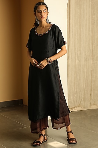 Black Handwoven Chiniya Silk Kurta by Medha