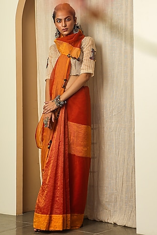 White Hand Embroidered Striped Blouse by Medha