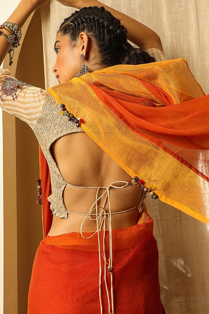 White Hand Embroidered Striped Blouse by Medha at Pernia's Pop Up Shop