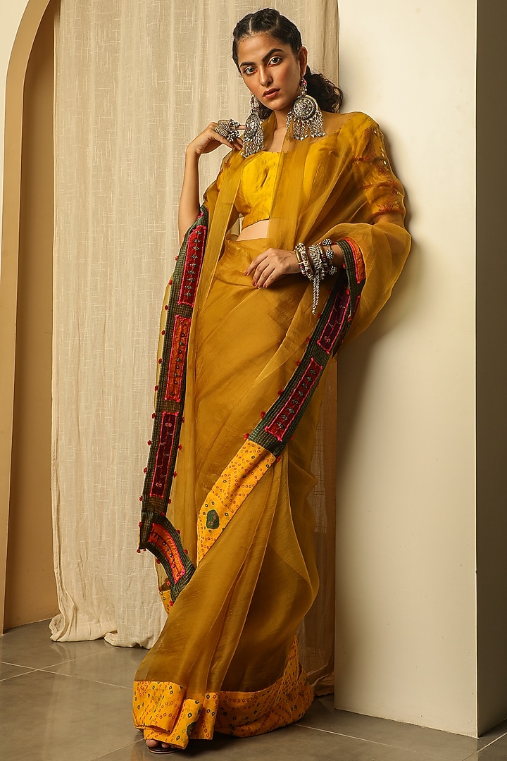 Neon Yellow Hand Embroidered Wedding Saree by Medha at Pernia's Pop Up Shop